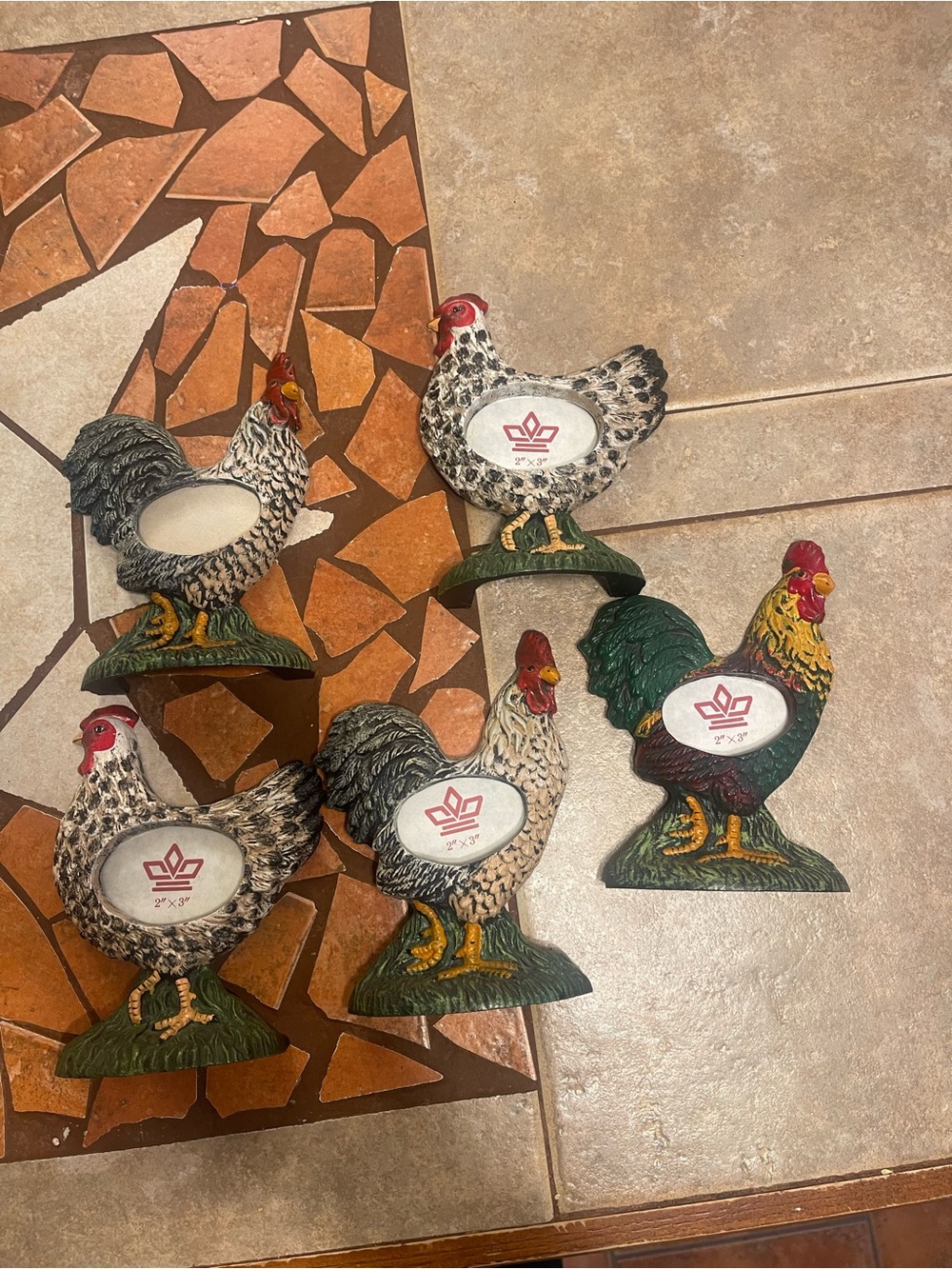 5 Cast Iron Rooster/Hen Photo Frame Figurine in Cream, Black and Red